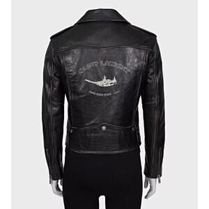 Saint Laurent Bird-Print Black Leather Jacket - Size FR40